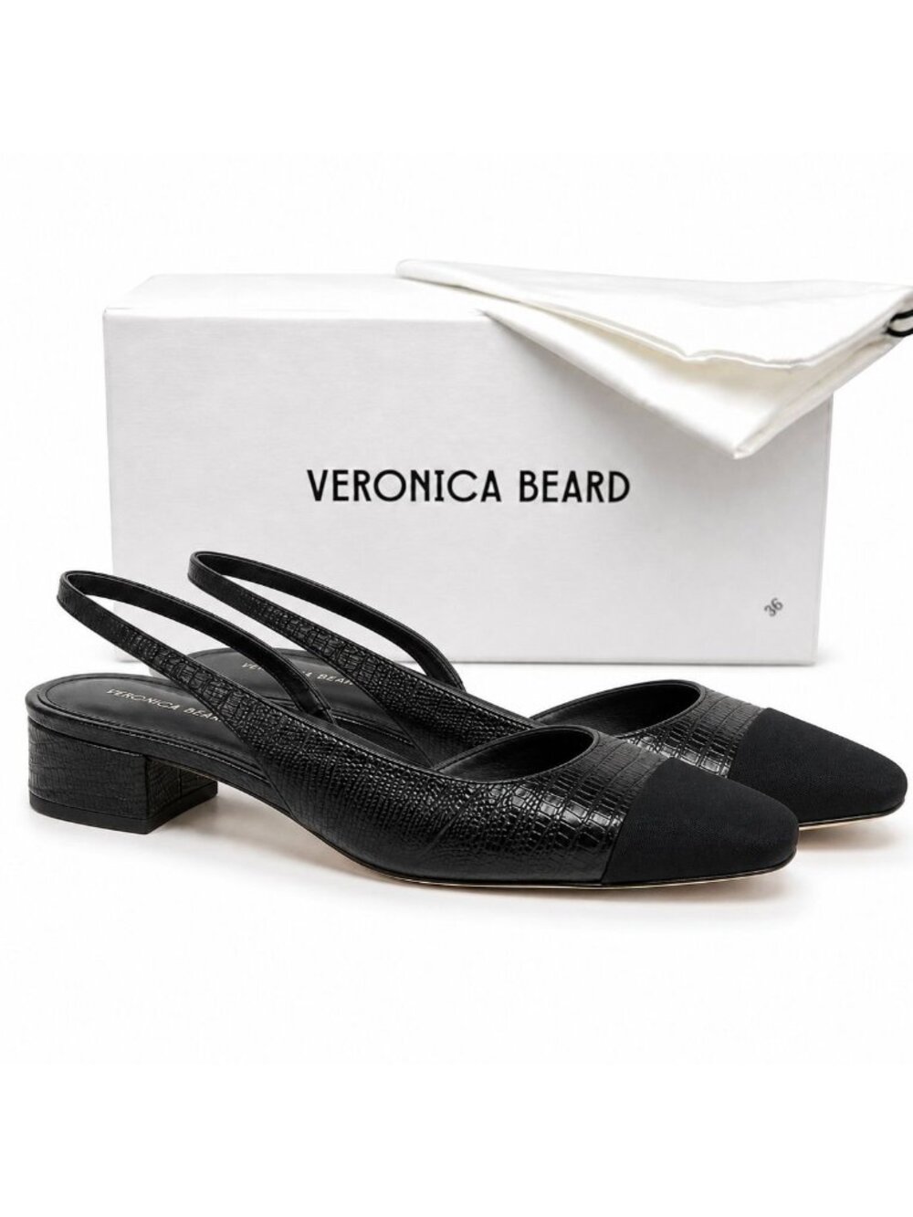 Veronica Beard Cecile Black Leather Cap Toe Slingback Heels Womens 8.5 New